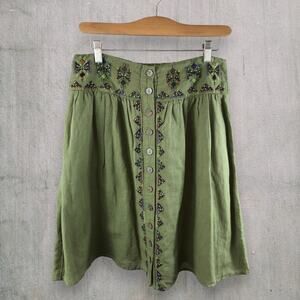 Anthropologie Maeve Embroidered Cotton-Linen Button-Front Utility Skirt Size 6